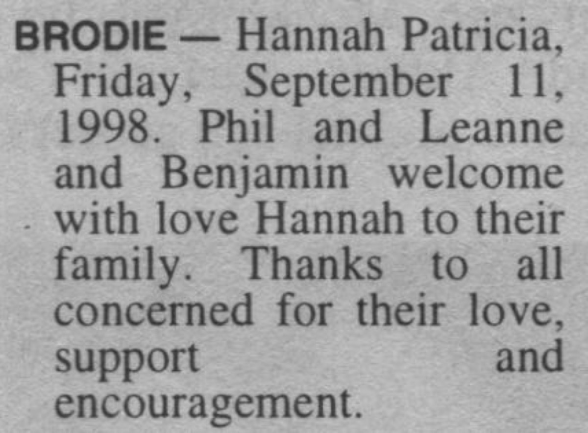 Brodie Hannah Patricia Birth Notice 1998 Hawke s Bay Knowledge Bank