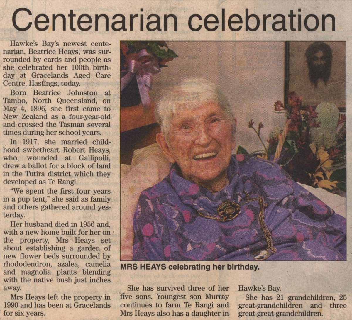 Newspaper Article 1996 Centenarian celebration Hawke s Bay