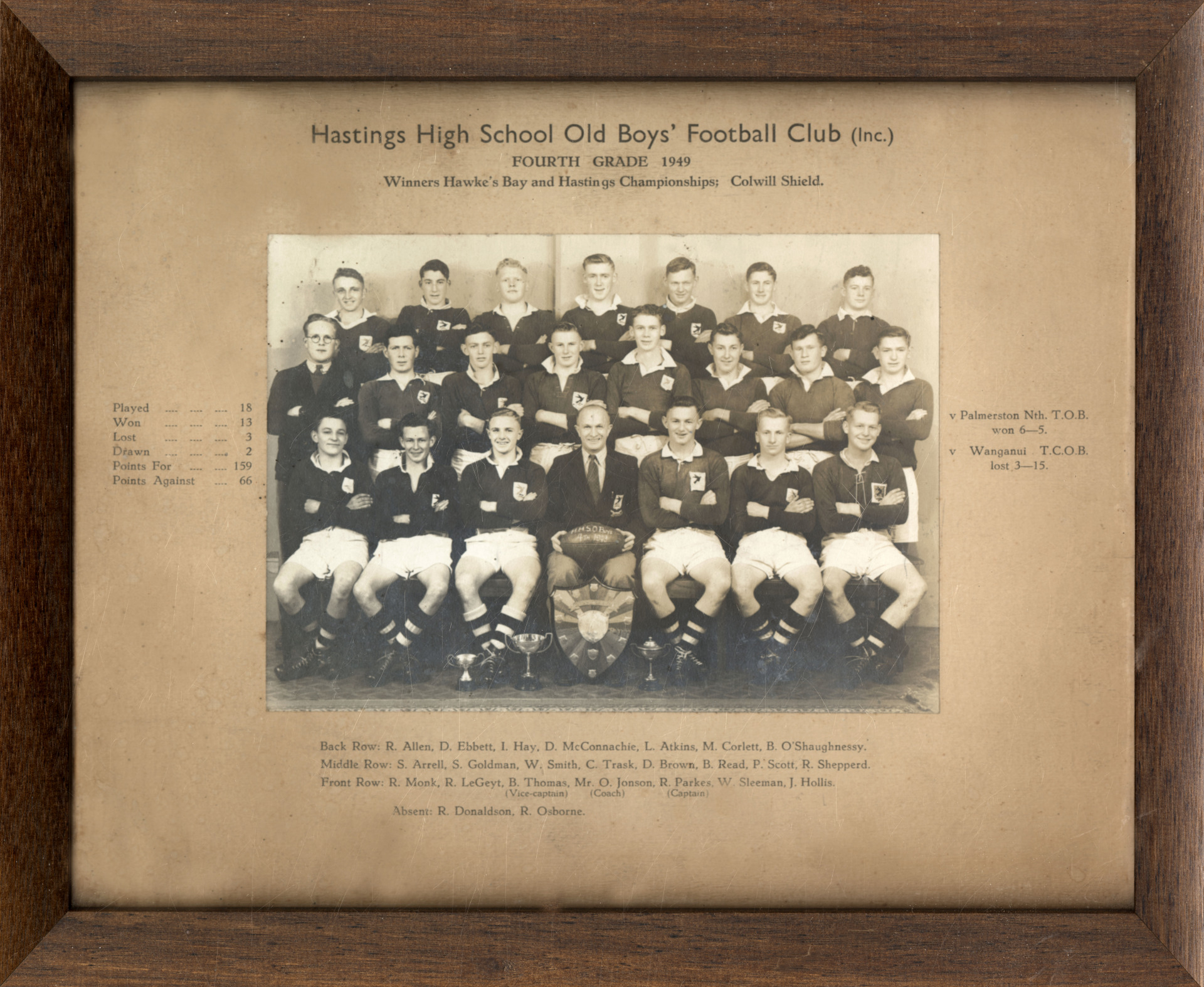 Hastings High School Old Boys Football Club 1949 Hawke s Bay